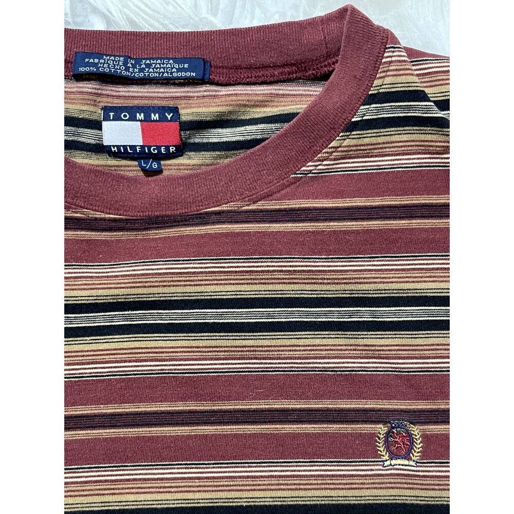 VTG Tommy Hilfiger Large Stripe T Shirt Crest Logo Prep Red White Black Brown - Picture 3 of 8